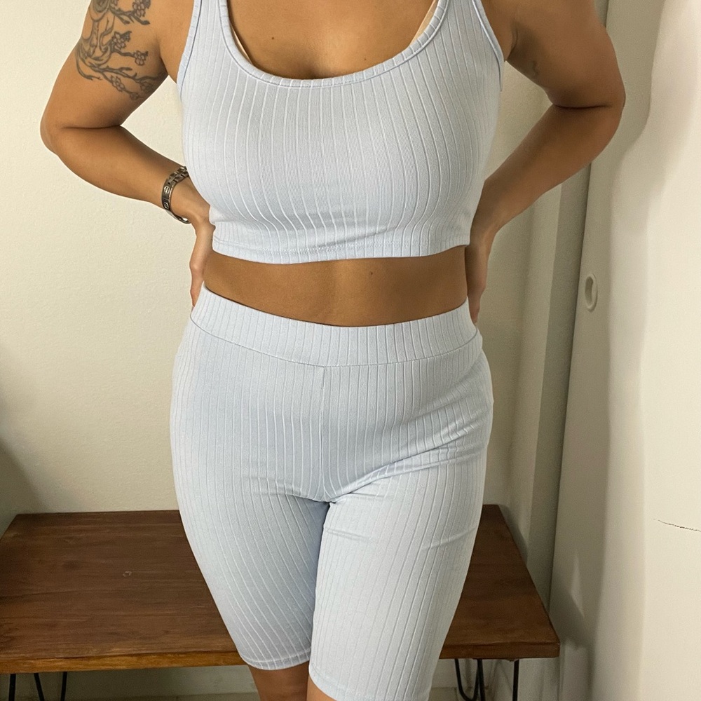 Light Blue Ribbed Crop Top and Biker Shorts